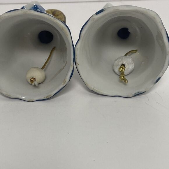 Vintage Porcelain Bells Girl Holding Gift Blue Floral Pattern Skirt Heavy Gloss - Picture 5 of 6